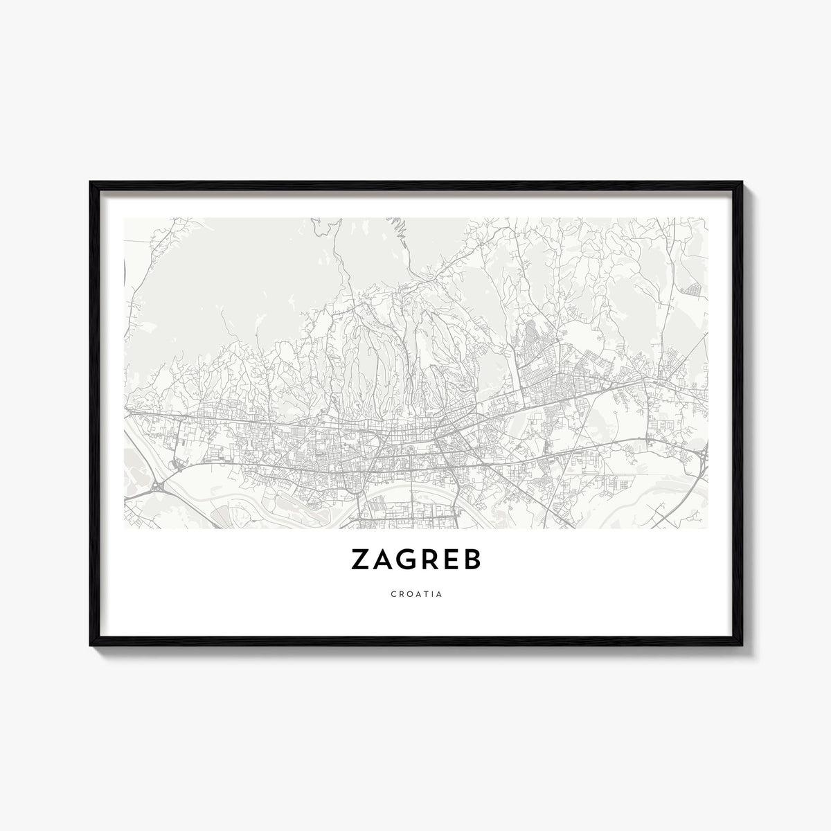Zagreb black & white map poster of Croatia – horizontal wall art, unframed print shown in interior mockup