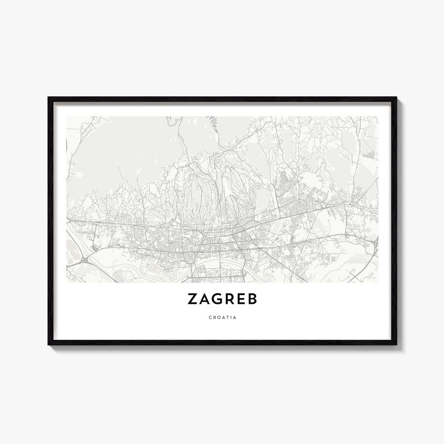 Zagreb black & white map poster of Croatia – horizontal wall art, unframed print shown in interior mockup