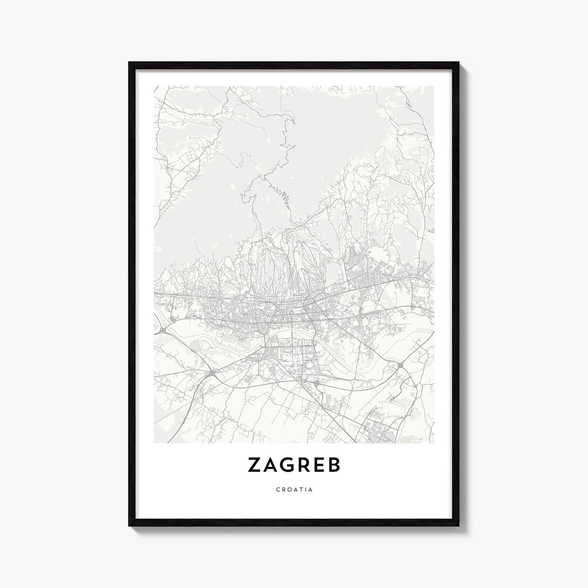 Zagreb black & white map poster of Croatia – vertical wall art, unframed print shown in interior mockup