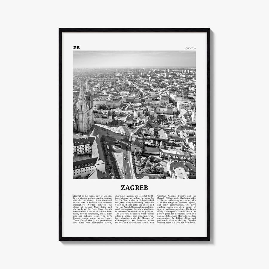 Zagreb black & white newspaper poster of Croatia – vertical wall art, unframed print shown in interior mockup