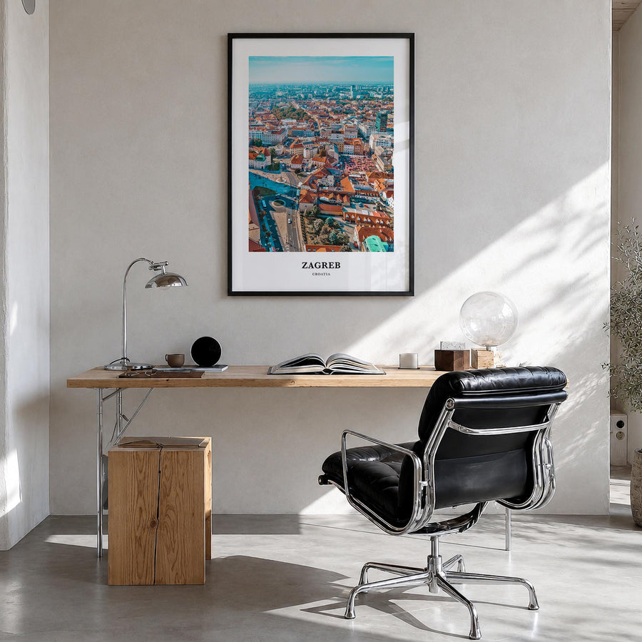 Zagreb colorful classic poster of Croatia – vertical wall art in black wood frame, hanging on wall