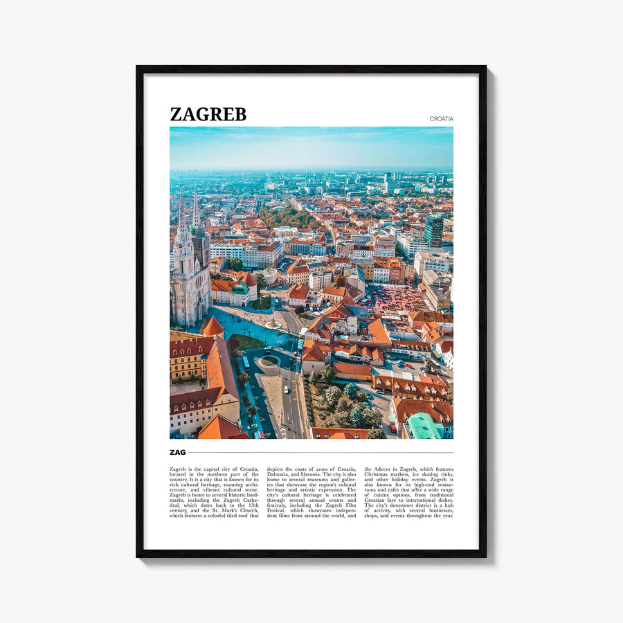 Zagreb colorful travel poster of Croatia – vertical wall art, unframed print shown in interior mockup