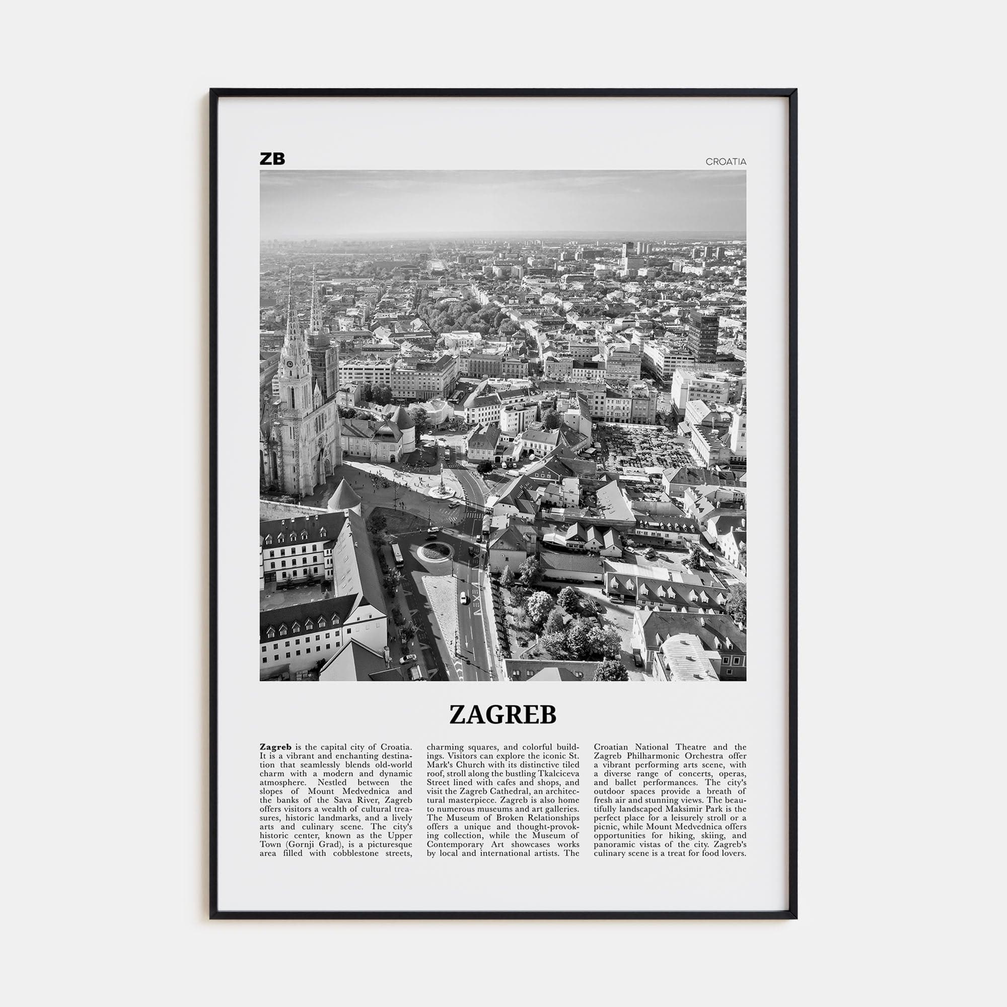 Zagreb Poster Black Metal / 8x12 in Nbourhood Travel B&W Poster