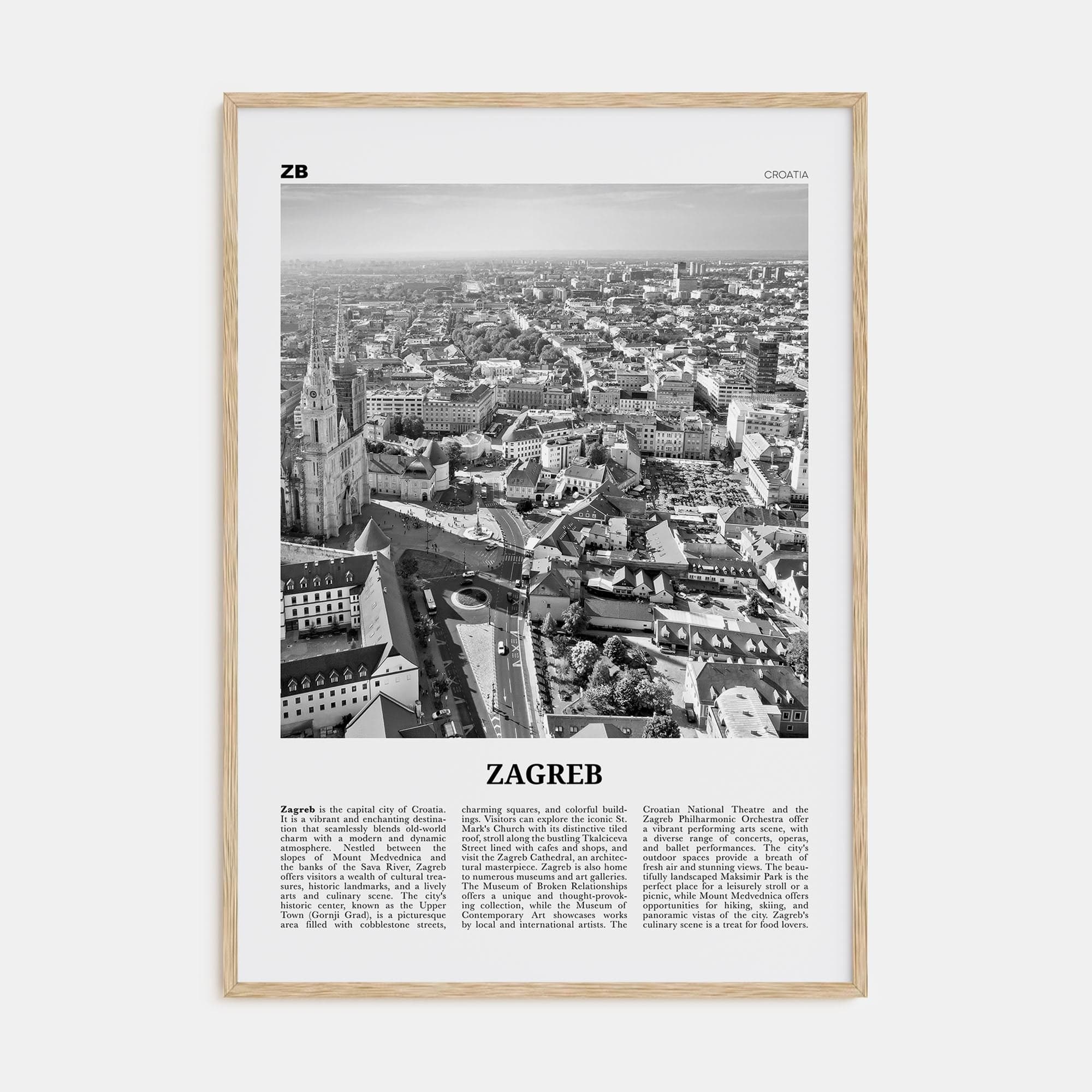 Zagreb Poster Natural Wood / 8x12 in Nbourhood Travel B&W Poster