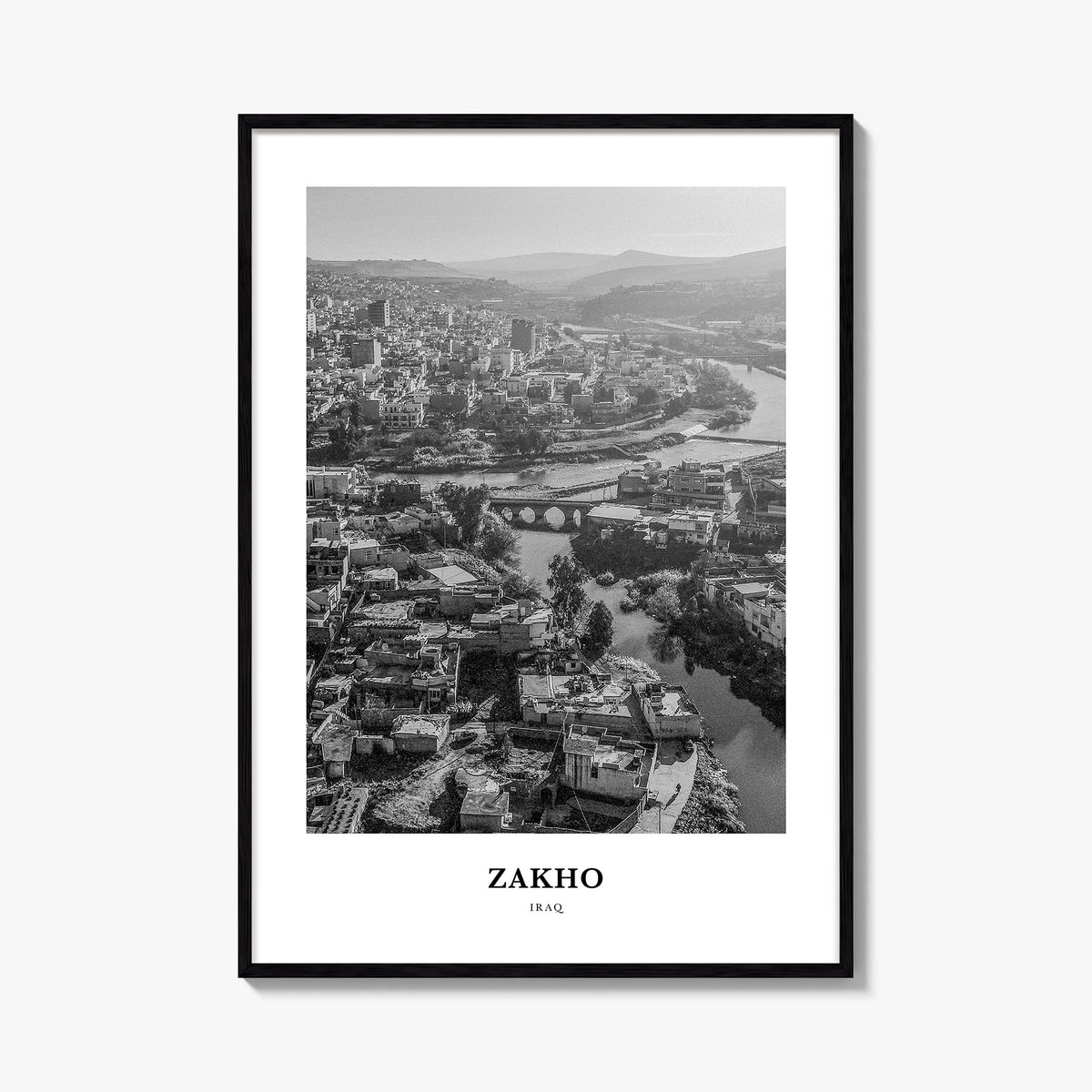 Zakho black & white classic poster of Iraq – vertical wall art, unframed print shown in interior mockup