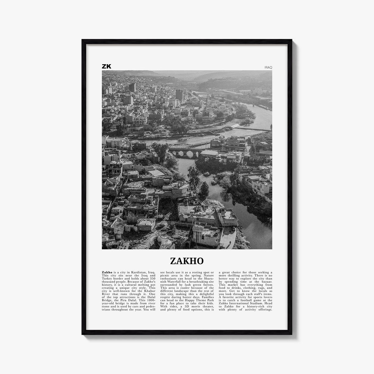 Zakho black & white newspaper poster of Iraq – vertical wall art, unframed print shown in interior mockup
