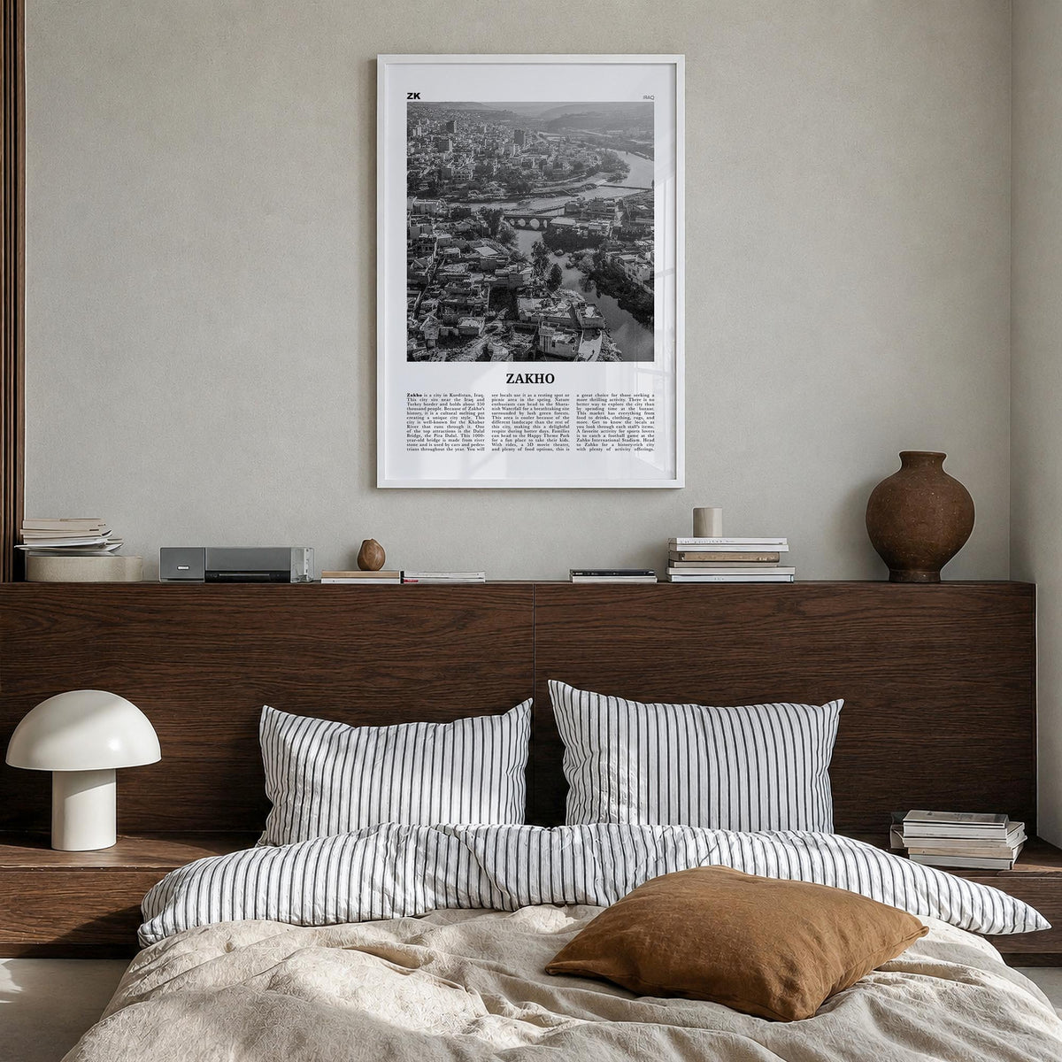Zakho black & white newspaper poster of Iraq – vertical wall art in white wood frame, hanging on wall