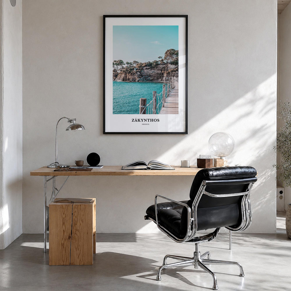 Zákynthos colorful classic poster of Greece – vertical wall art in black wood frame, hanging on wall