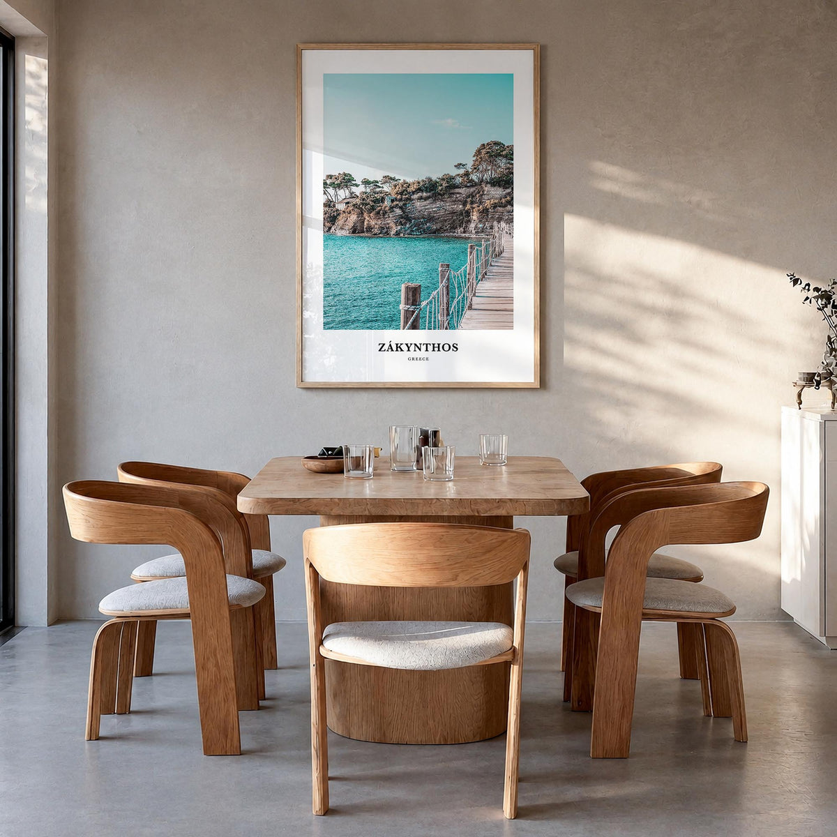 Zákynthos colorful classic poster of Greece – vertical wall art in natural wood frame, hanging on wall