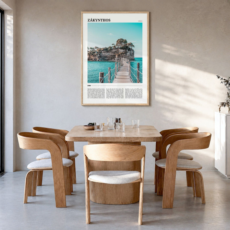 Zakynthos Travel Poster in a natural wood frame, hanging in a dining room