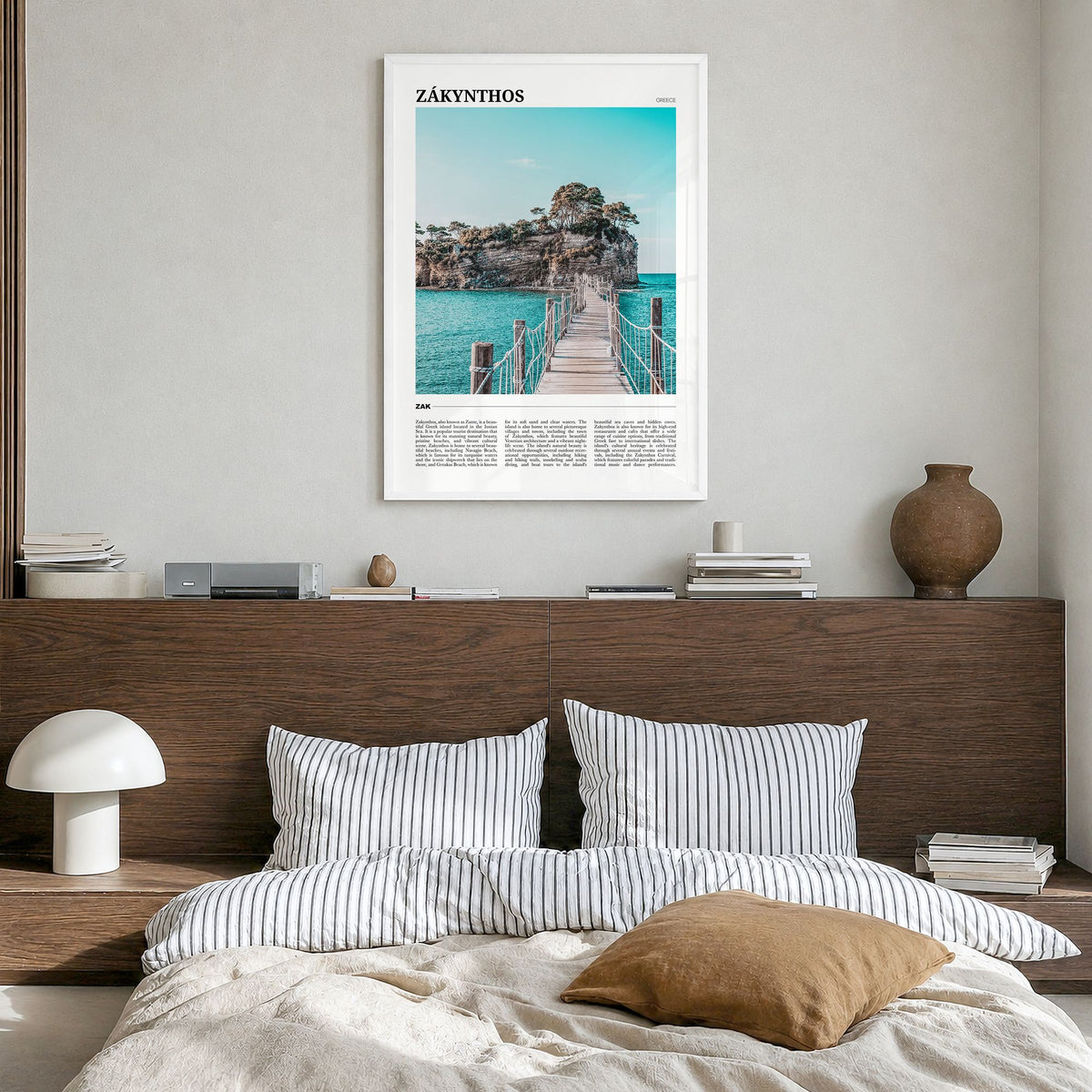 Zakynthos Travel Poster in a white wood frame, hanging in a bedroom
