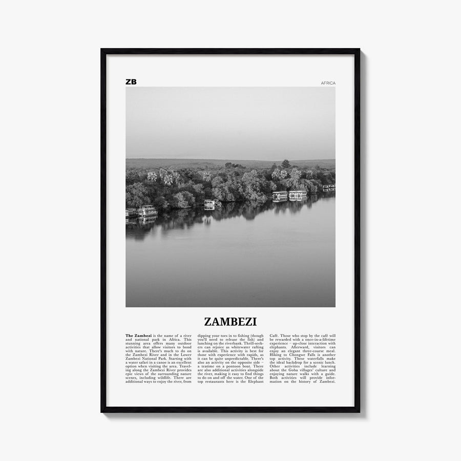 Zambezi black & white newspaper poster of Zambia – vertical wall art, unframed print shown in interior mockup