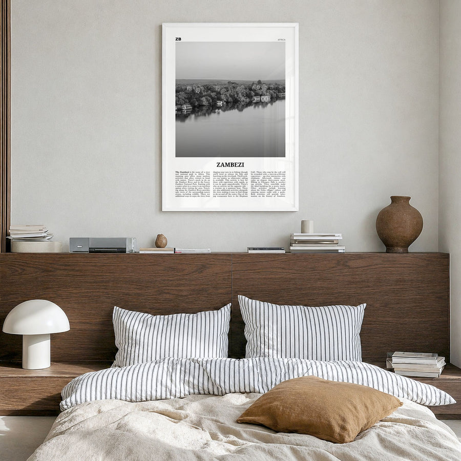 Zambezi Newspaper Poster in a white wood frame, hanging in a bedroom
