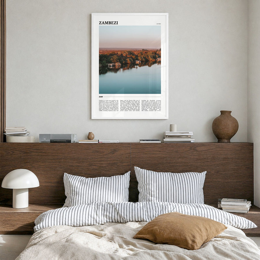 Zambezi Travel Poster in a white wood frame, hanging in a bedroom