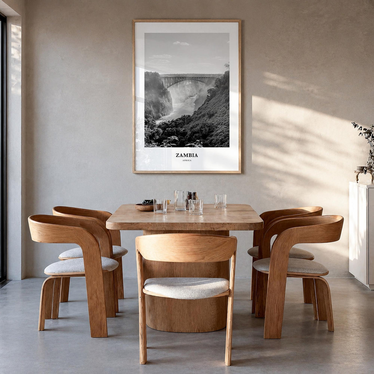 Zambia black & white classic poster of Africa – vertical wall art in natural wood frame, hanging on wall