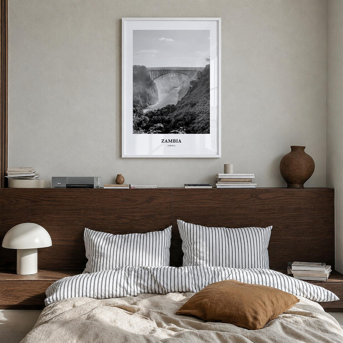 Zambia black & white classic poster of Africa – vertical wall art in white wood frame, hanging on wall