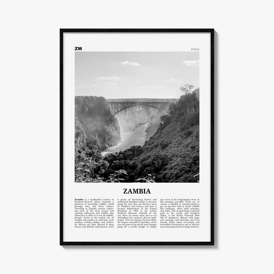 Zambia black & white newspaper poster of Africa – vertical wall art, unframed print shown in interior mockup