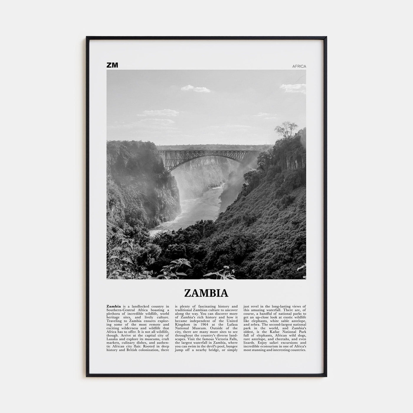 Zambia Poster Black Metal / 8x12 in Nbourhood Travel B&W Poster