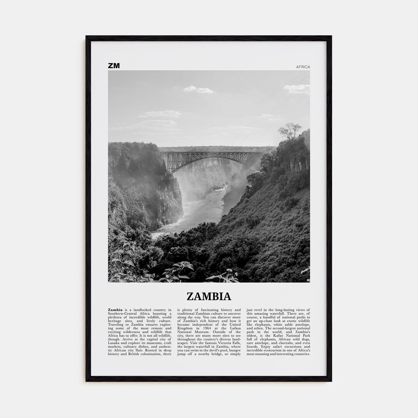 Zambia Poster Black Wood / 8x12 in Nbourhood Travel B&W Poster