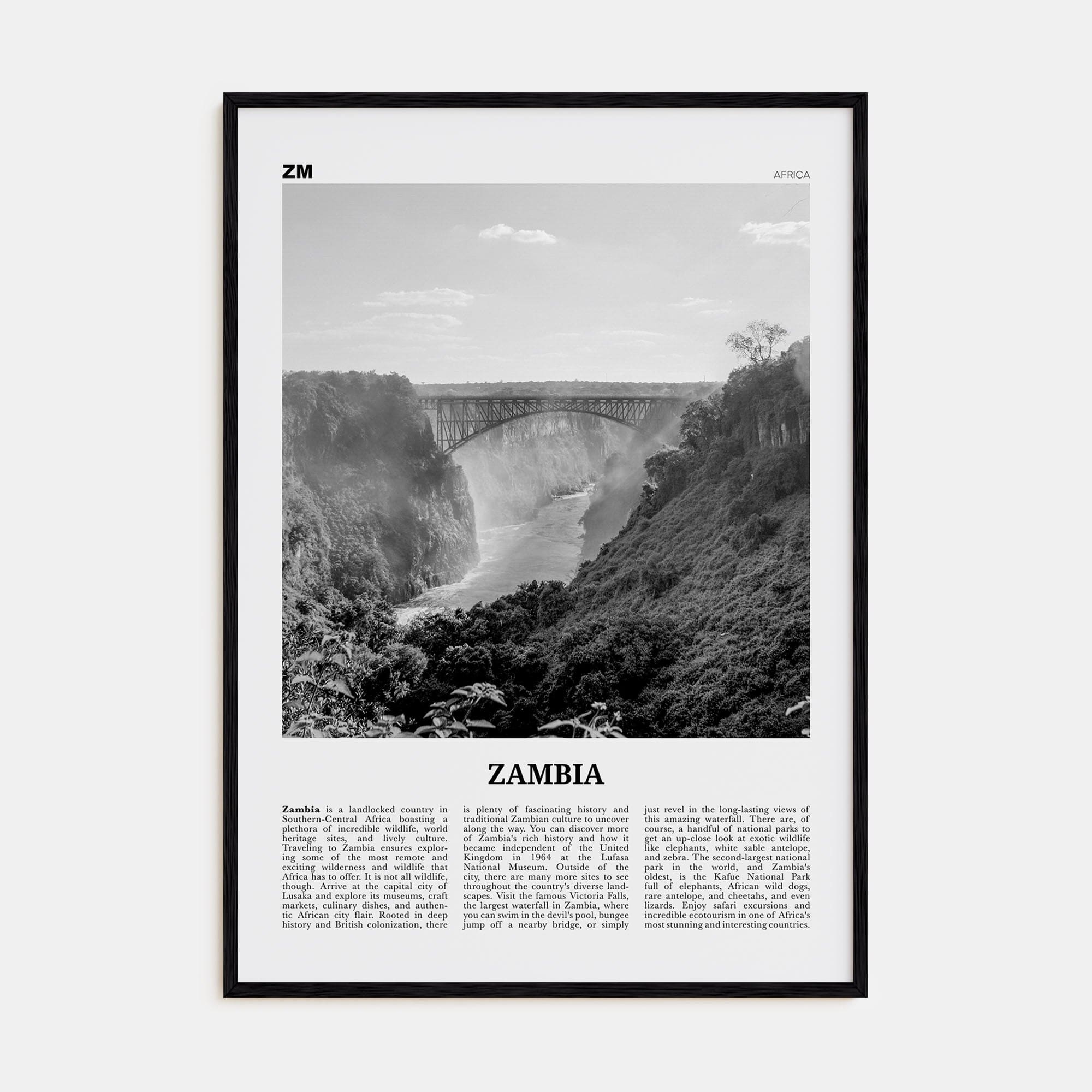 Zambia Poster Black Wood / 8x12 in Nbourhood Travel B&W Poster