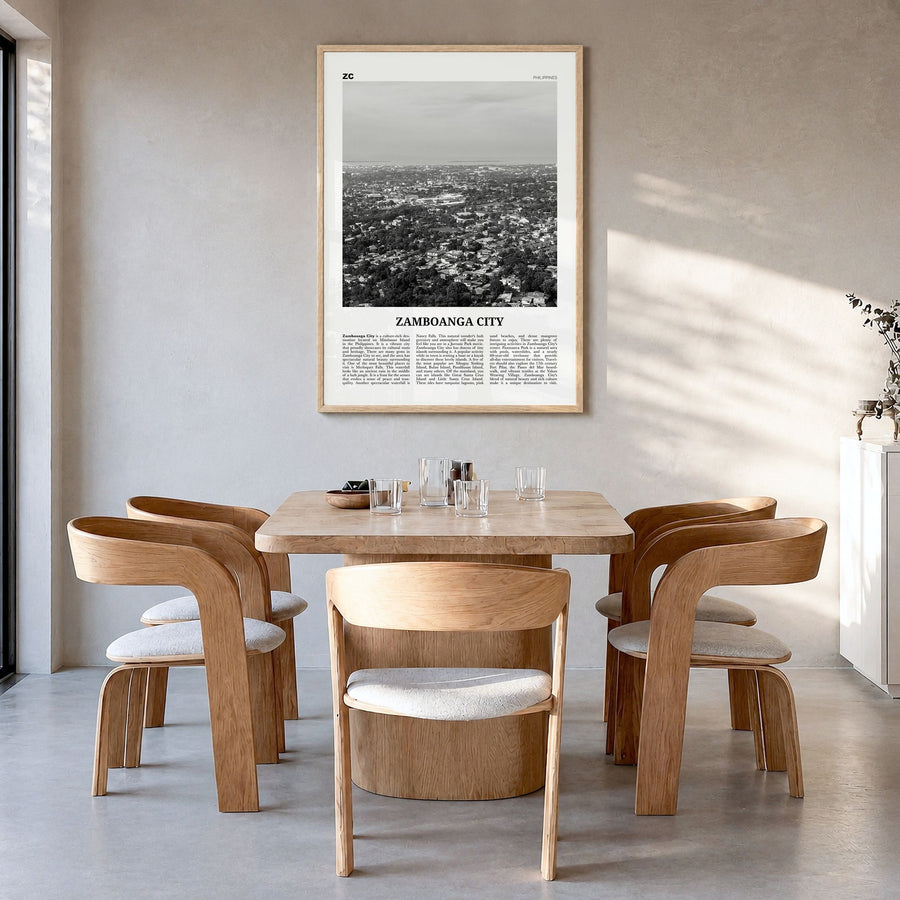 Zamboanga City Newspaper Poster in a natural wood frame, hanging in a dining room