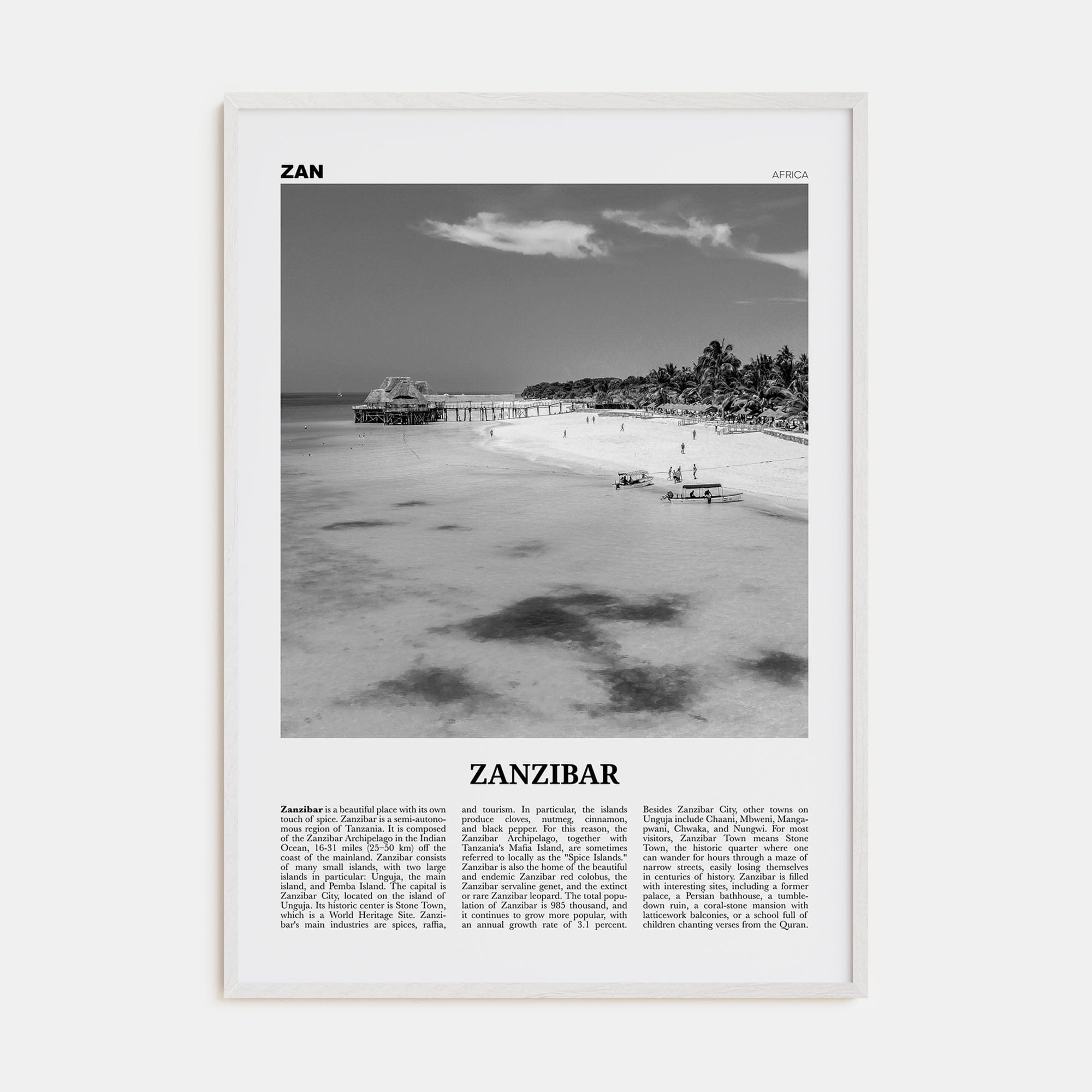 Zanzibar Poster White Wood / 8x12 in Nbourhood Travel B&W Poster