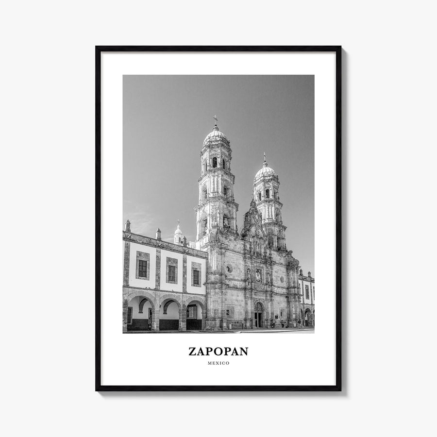 Zapopan black & white classic poster of Mexico – vertical wall art, unframed print shown in interior mockup