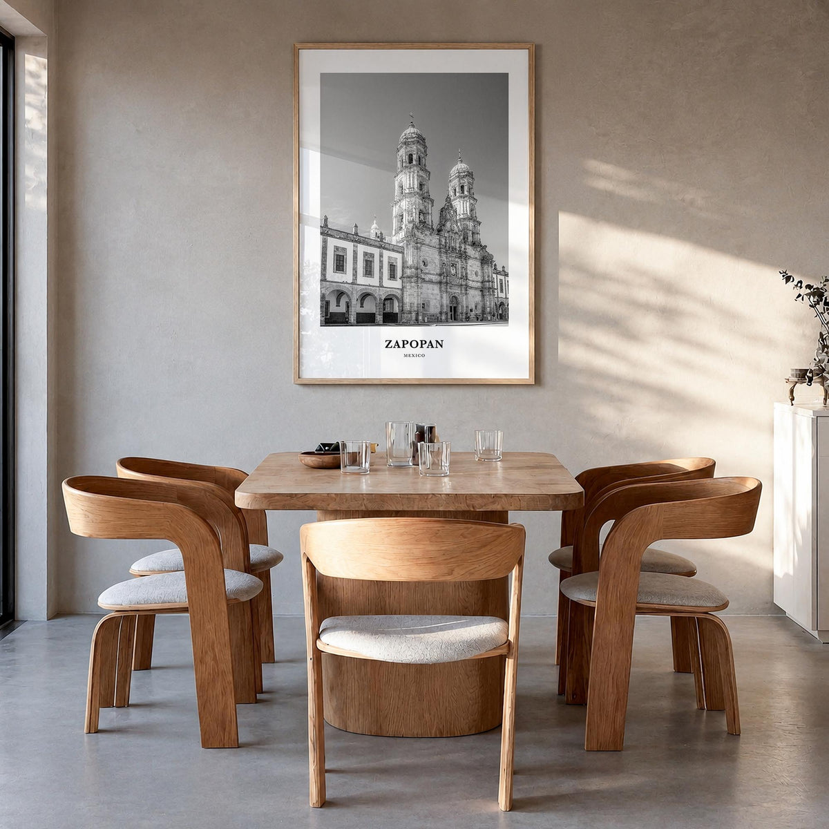 Zapopan black & white classic poster of Mexico – vertical wall art in natural wood frame, hanging on wall