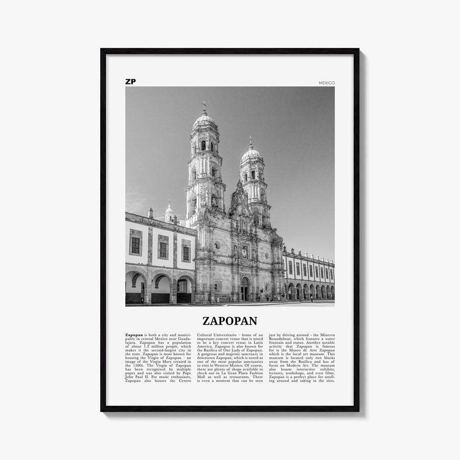 Zapopan black & white newspaper poster of Mexico – vertical wall art, unframed print shown in interior mockup