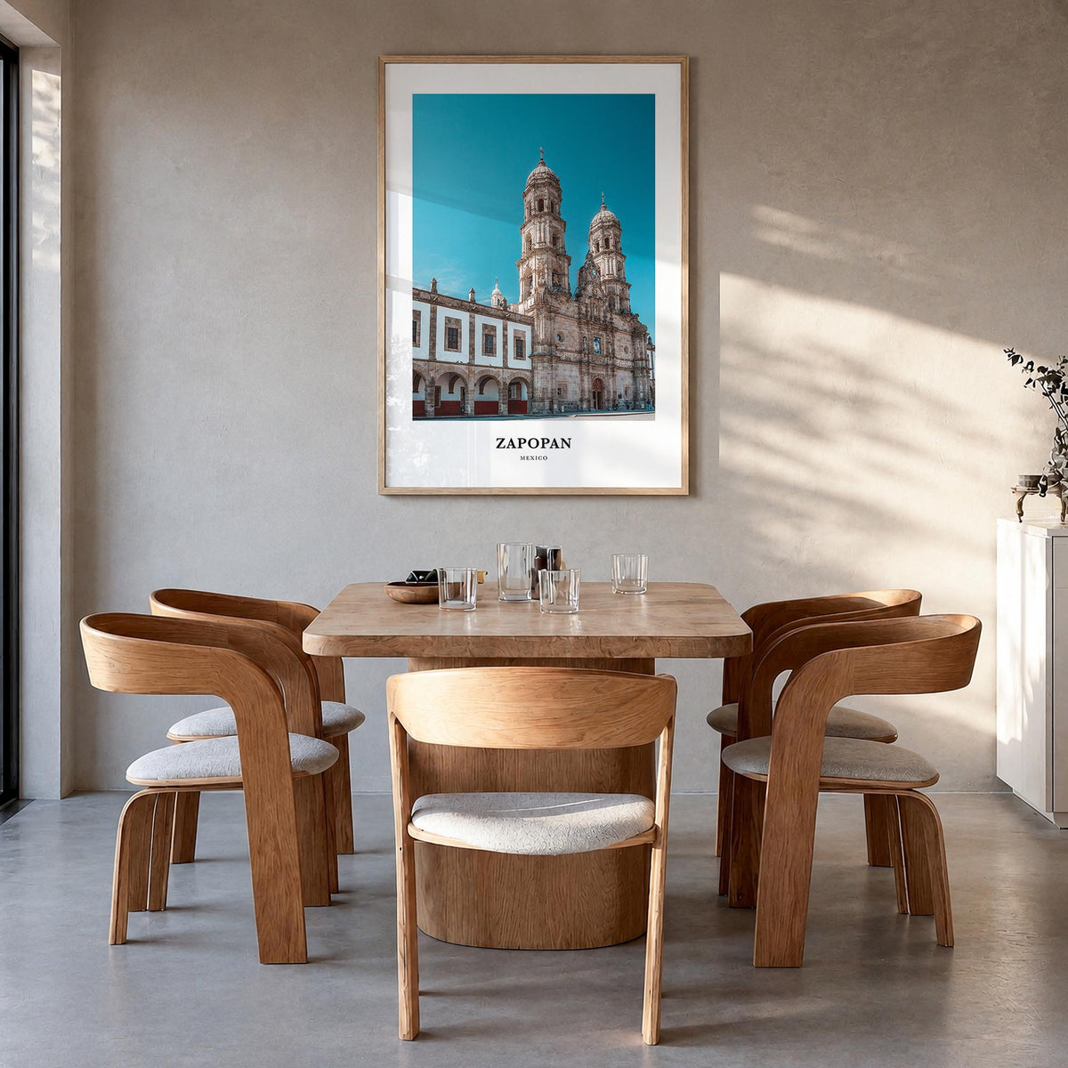 Zapopan colorful classic poster of Mexico – vertical wall art in natural wood frame, hanging on wall