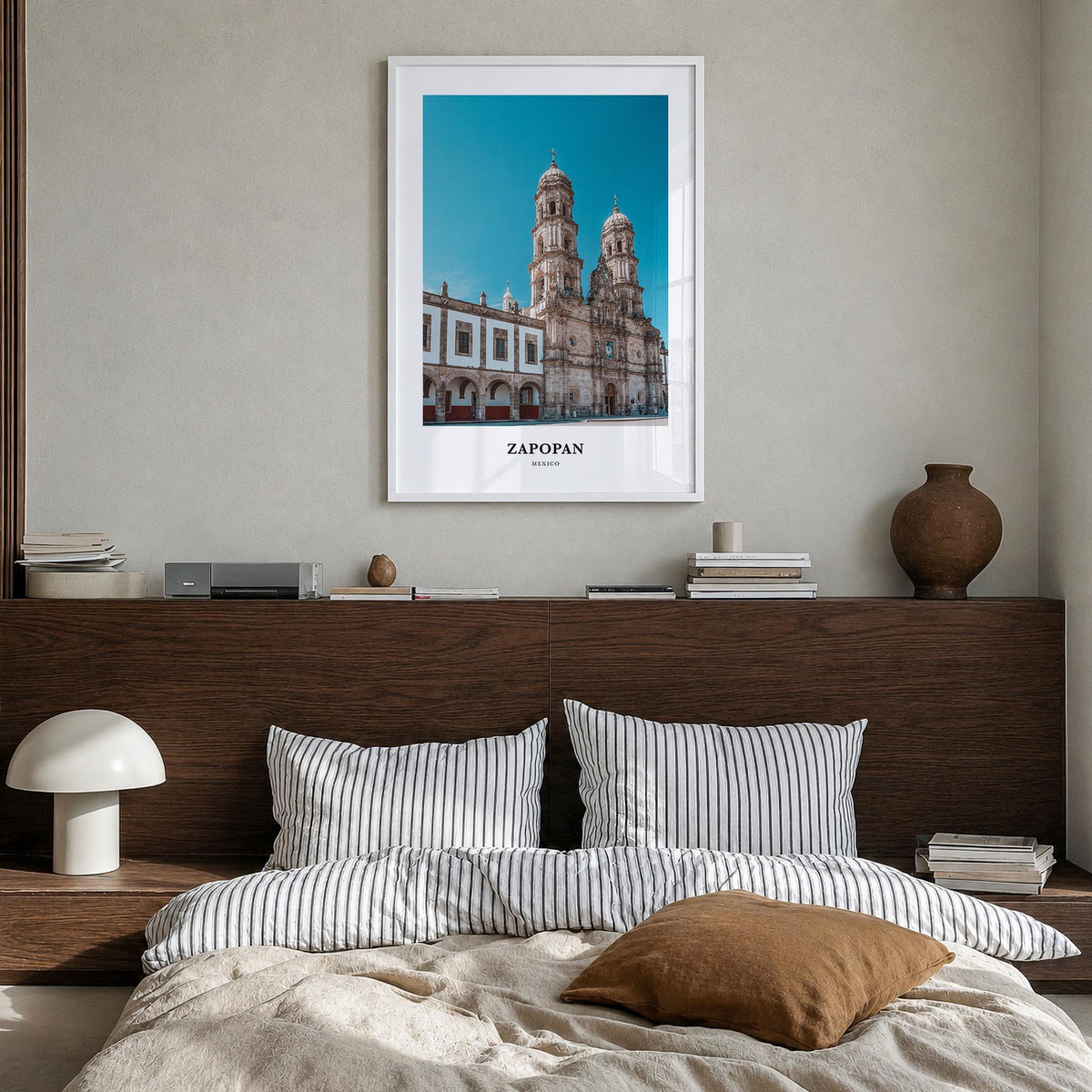Zapopan colorful classic poster of Mexico – vertical wall art in white wood frame, hanging on wall