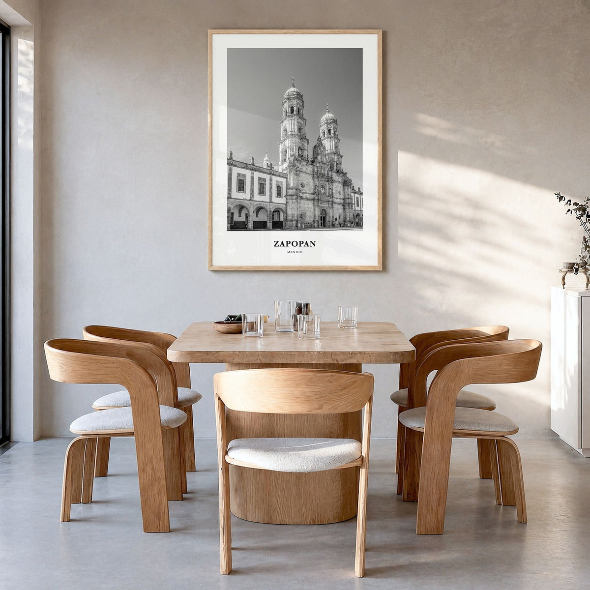 Zapopan Classic Poster in a natural wood frame, hanging in a dining room