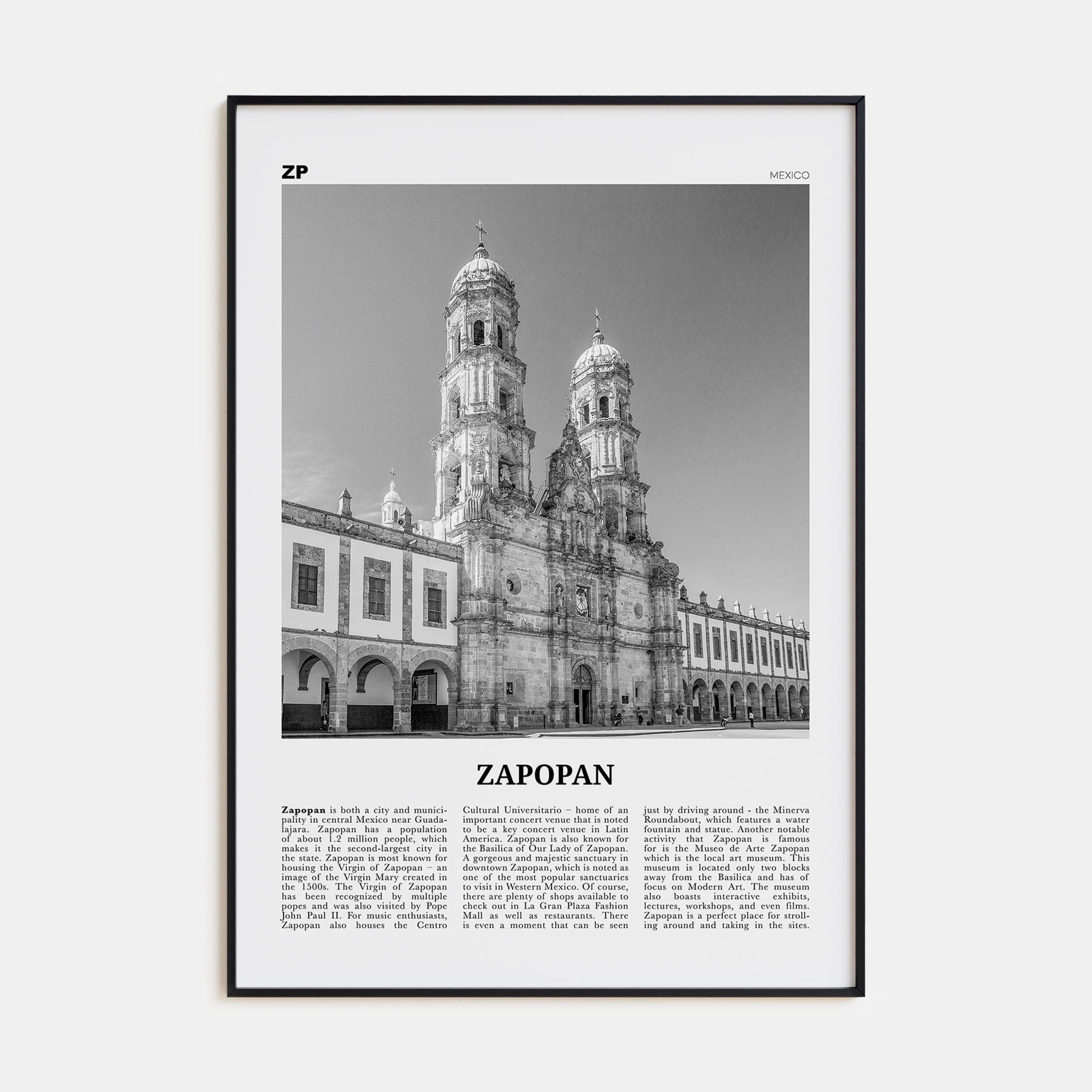 Zapopan Poster Black Metal / 8x12 in Nbourhood Travel B&W Poster