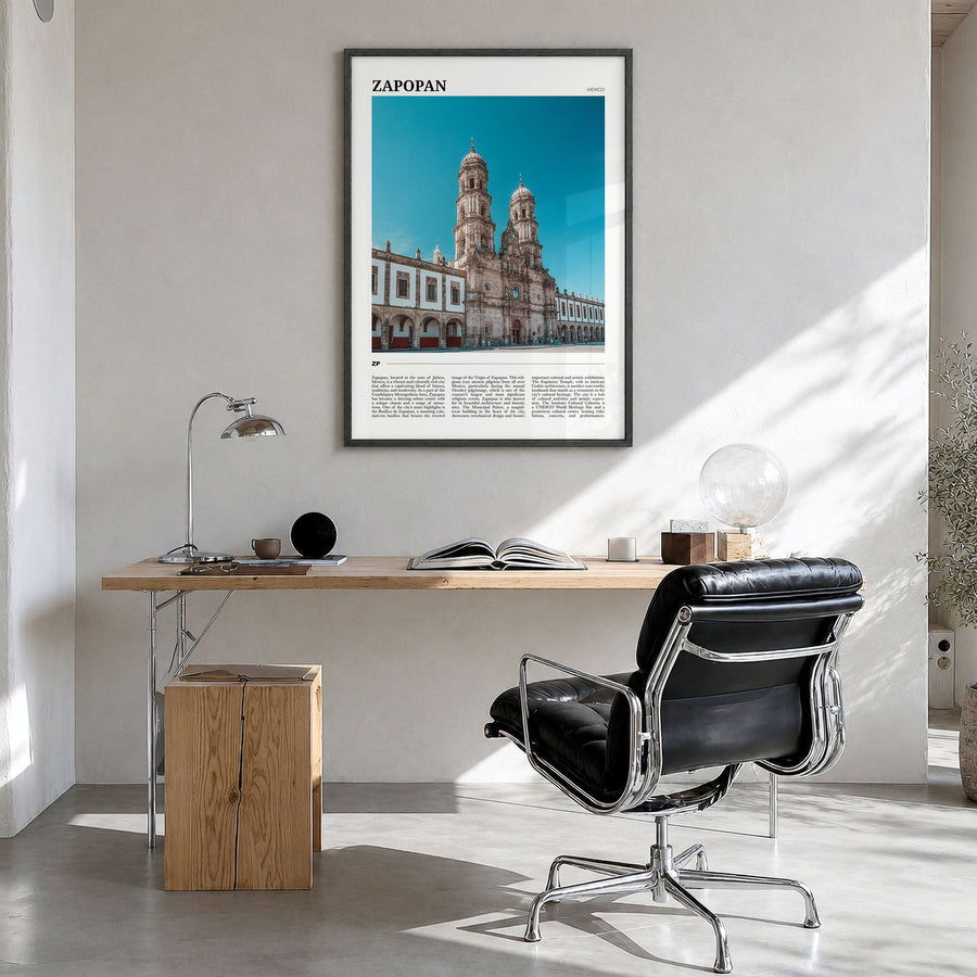 Zapopan Travel Poster in a black wood frame, hanging in a bright home office