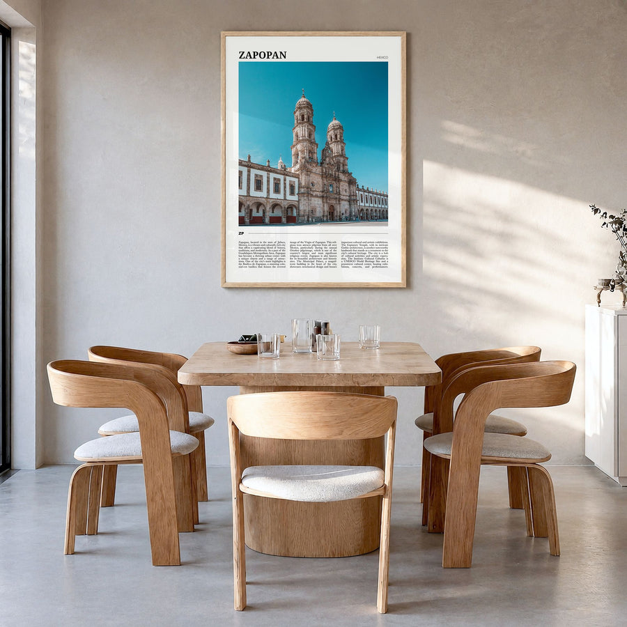 Zapopan Travel Poster in a natural wood frame, hanging in a dining room