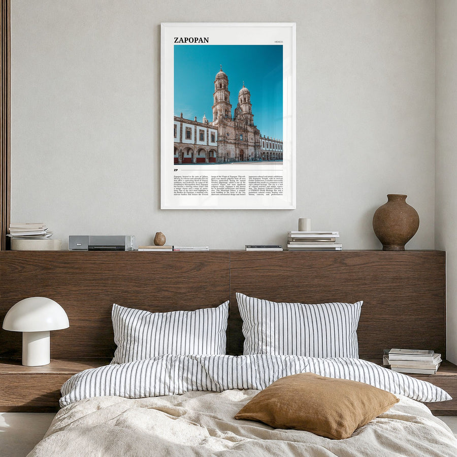 Zapopan Travel Poster in a white wood frame, hanging in a bedroom