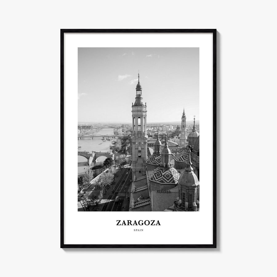 Zaragoza black & white classic poster of Spain – vertical wall art, unframed print shown in interior mockup