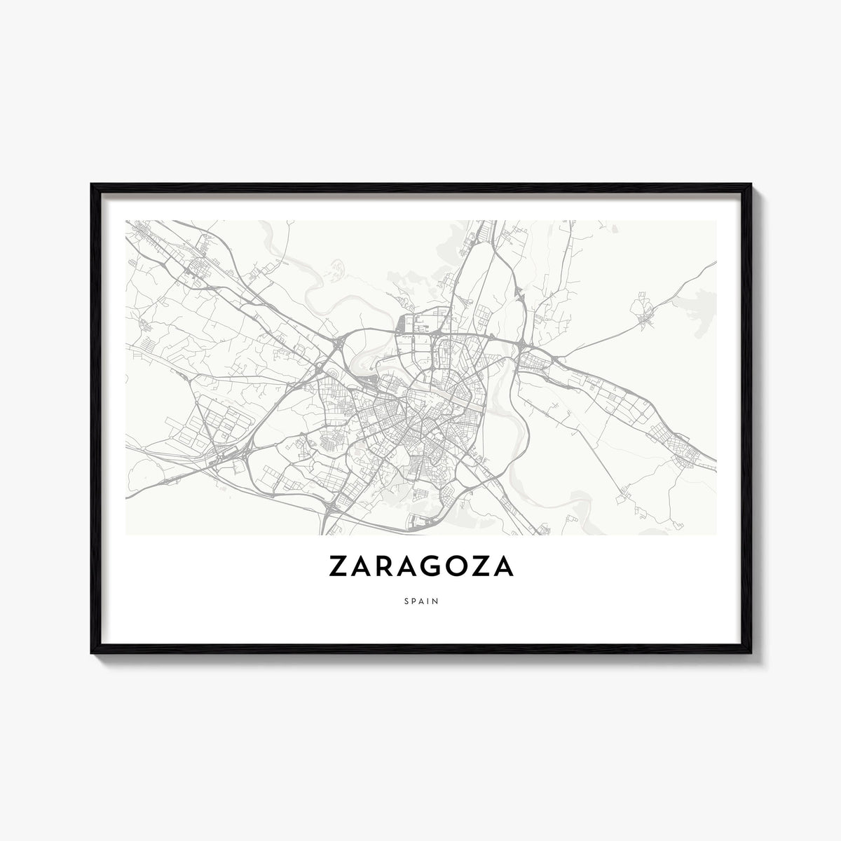 Zaragoza black & white map poster of Spain – horizontal wall art, unframed print shown in interior mockup