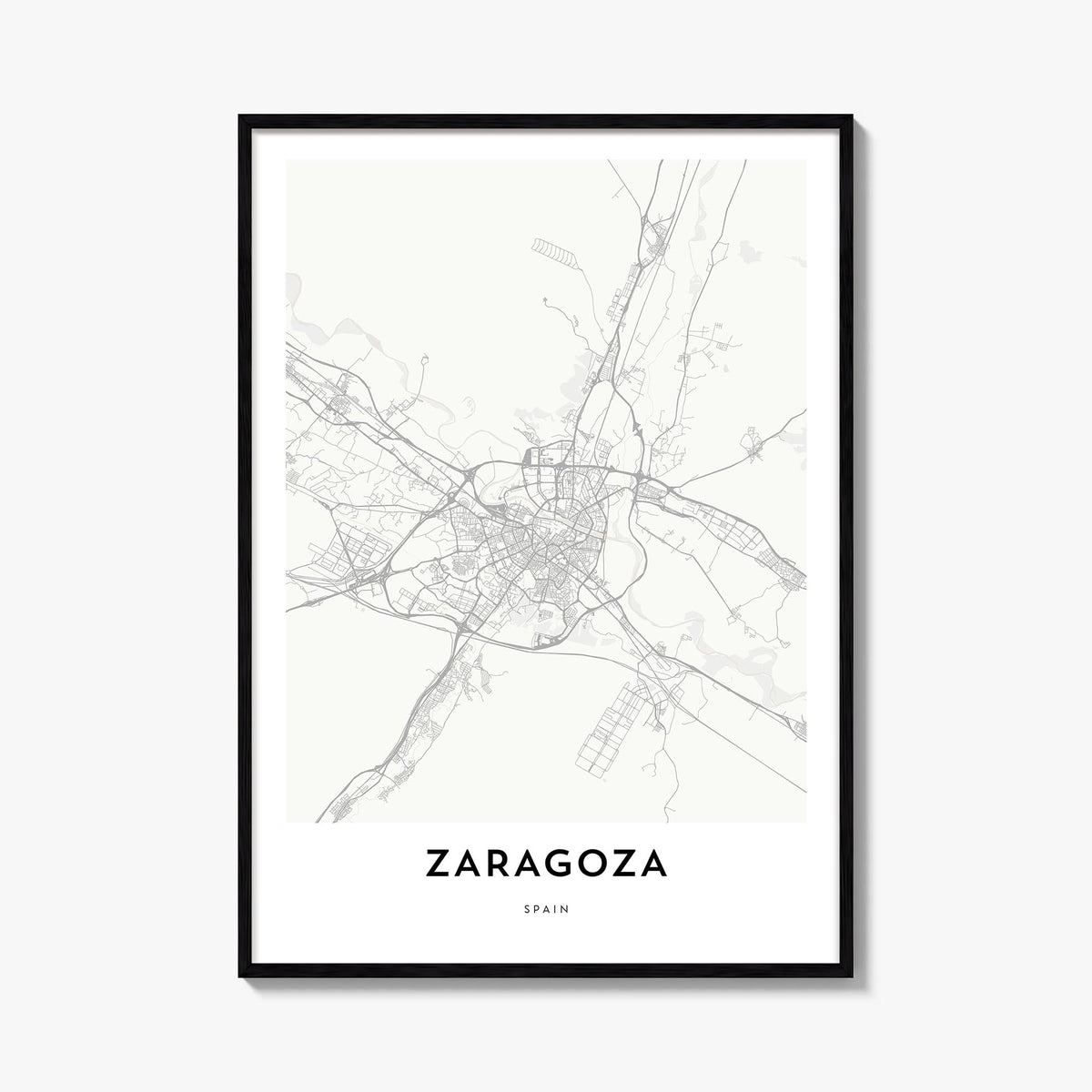 Zaragoza black & white map poster of Spain – vertical wall art, unframed print shown in interior mockup