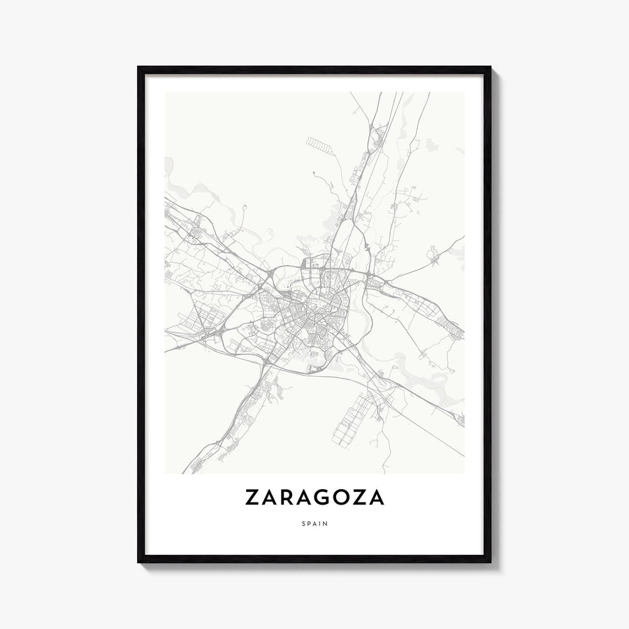 Zaragoza black & white map poster of Spain – vertical wall art, unframed print shown in interior mockup