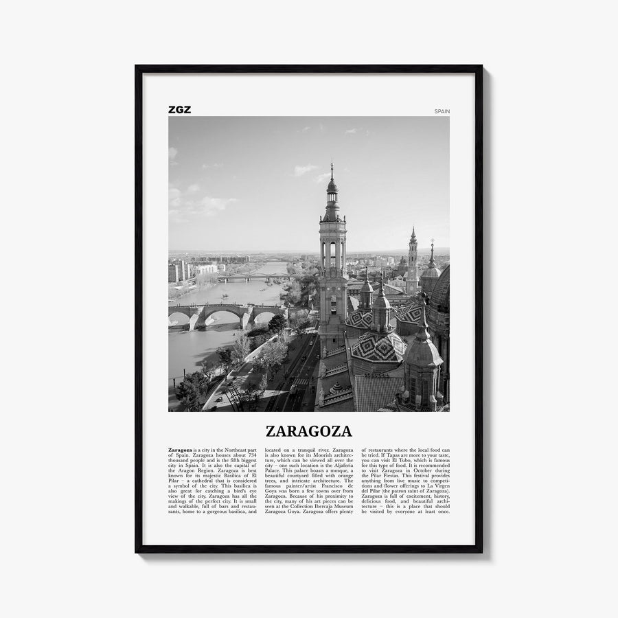 Zaragoza black & white newspaper poster of Spain – vertical wall art, unframed print shown in interior mockup