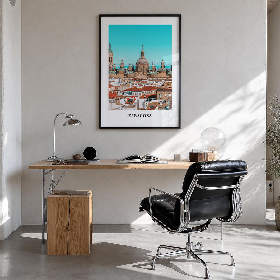 Zaragoza no. 2 colorful classic poster of Spain – vertical wall art in black wood frame, hanging on wall