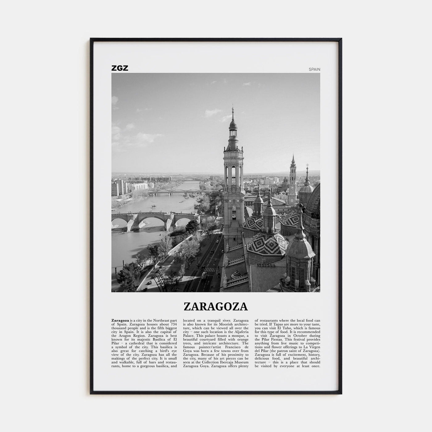 Zaragoza Poster Black Metal / 8x12 in Nbourhood Travel B&W Poster