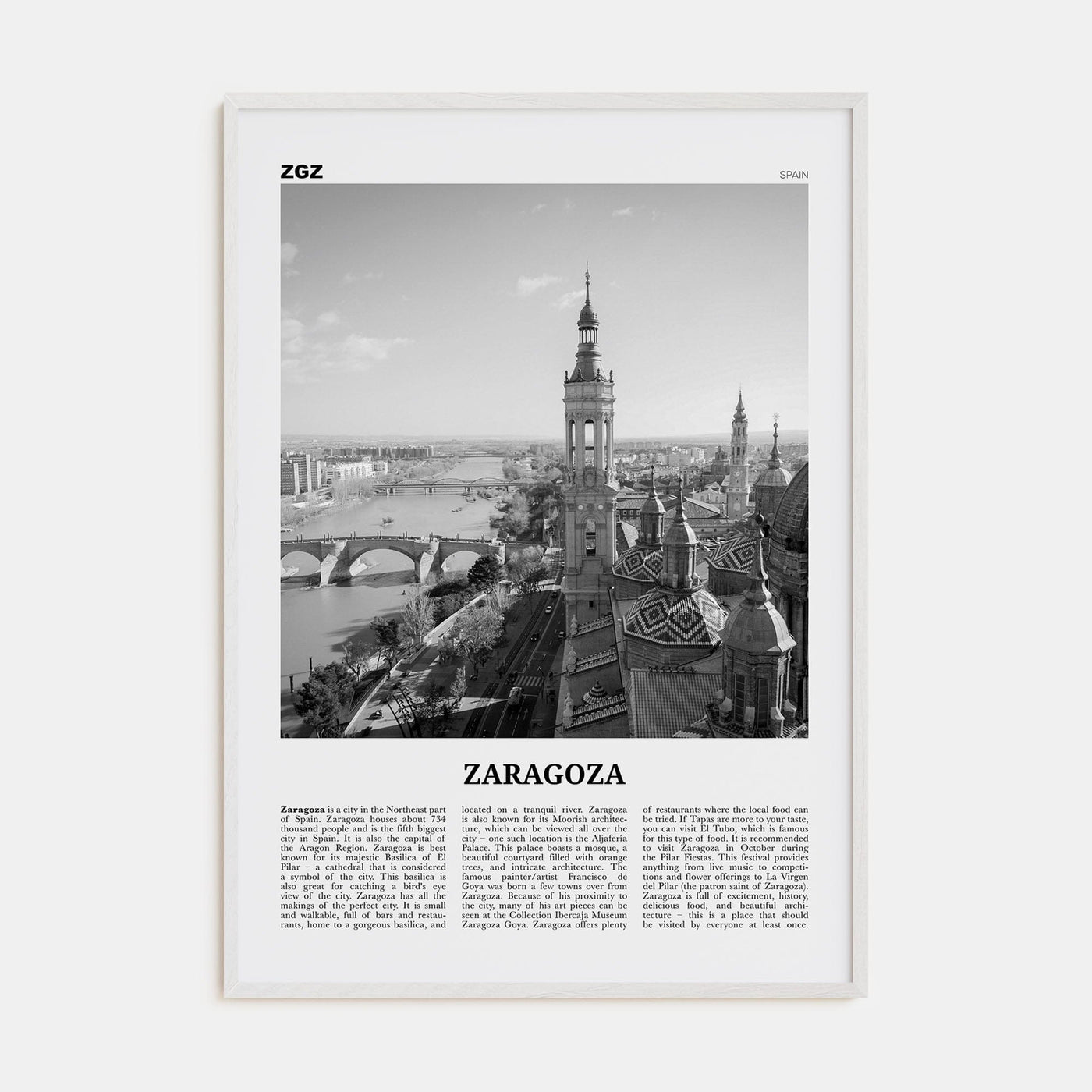 Zaragoza Poster White Wood / 8x12 in Nbourhood Travel B&W Poster