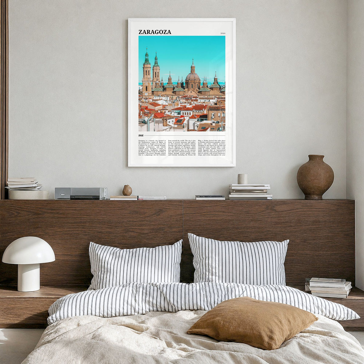Zaragoza Travel No 2 Poster in a white wood frame, hanging in a bedroom