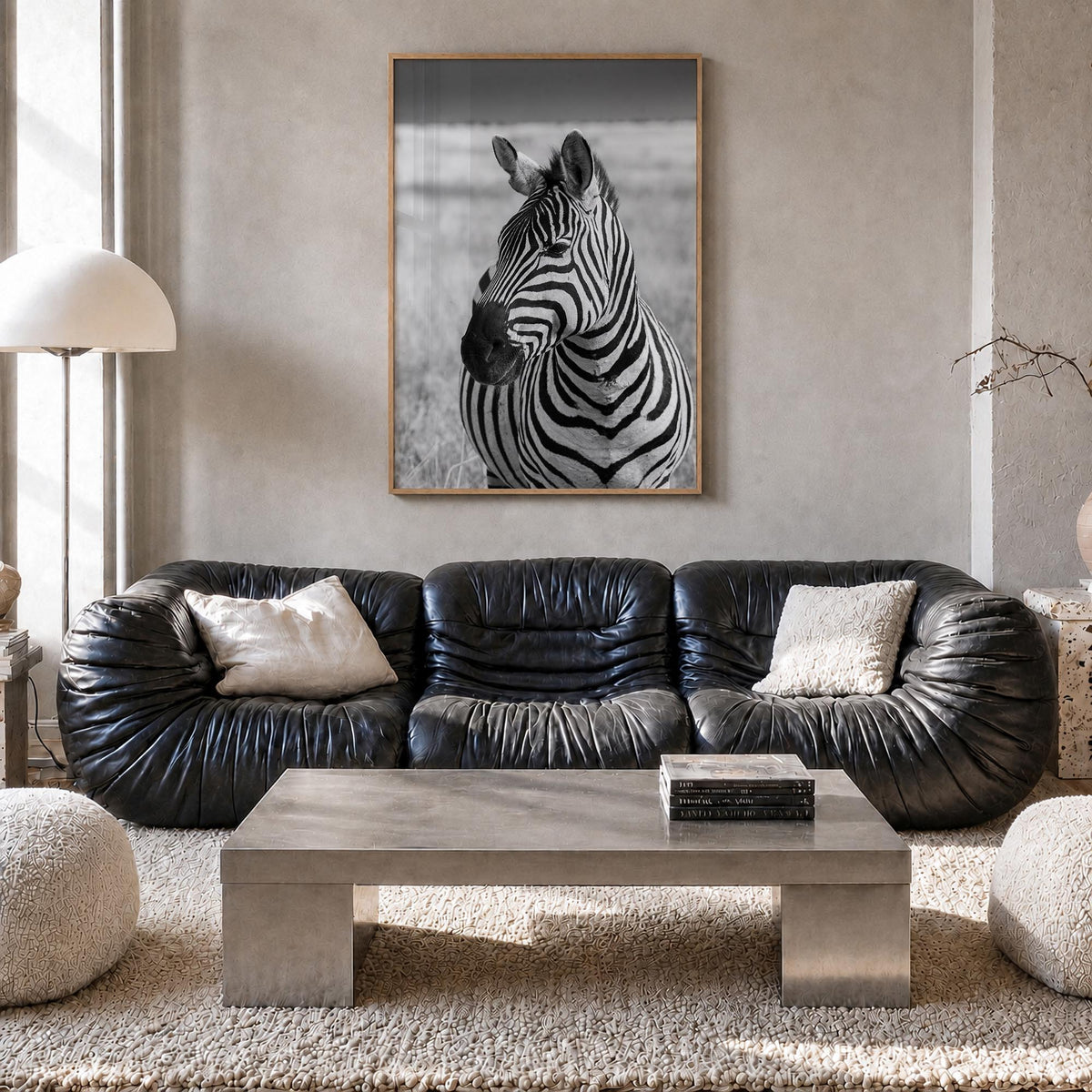 Zebra no. 1 black & white photo poster – vertical wall art in natural wood frame, hanging on wall