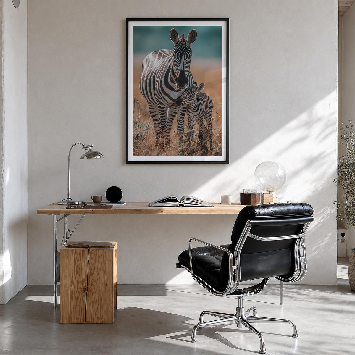 Zebra no. 1 colorful photo poster – vertical wall art in black wood frame with white border, hanging on wall