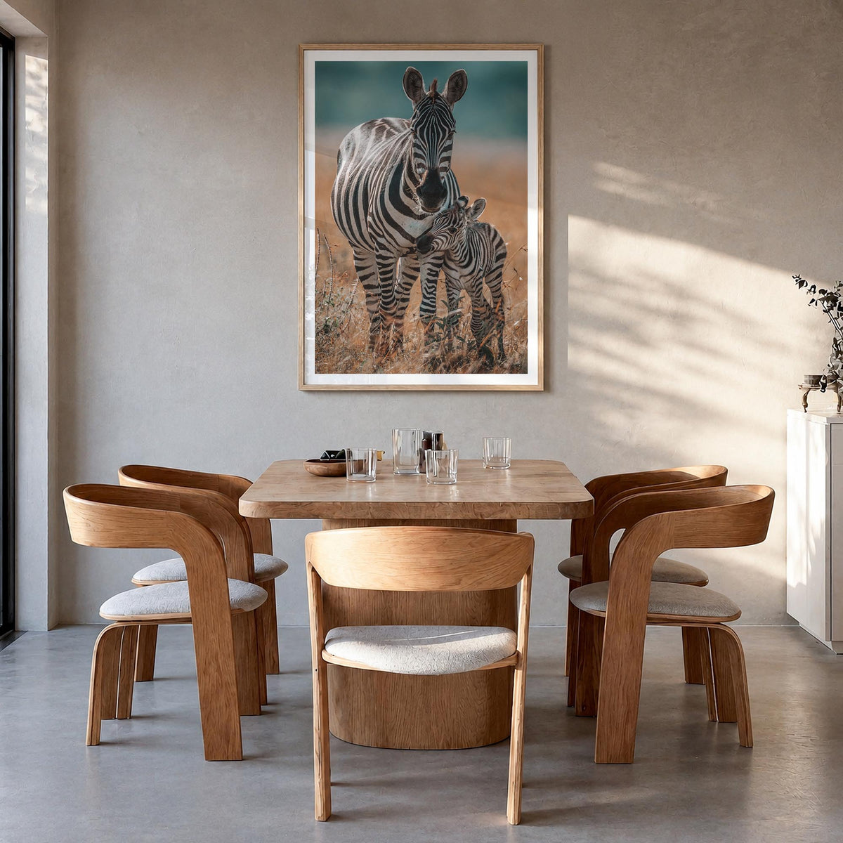 Zebra no. 1 colorful photo poster – vertical wall art in natural wood frame with white border, hanging on wall
