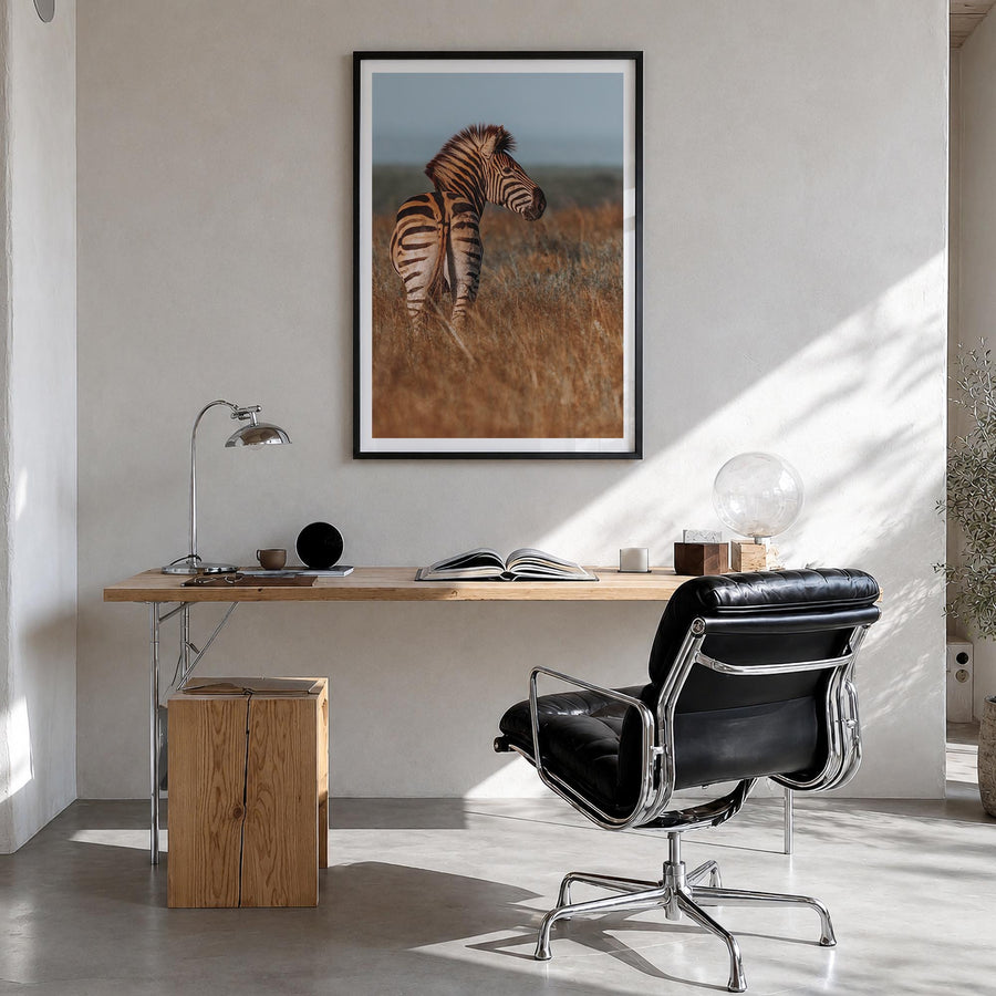 Zebra no. 2 colorful photo poster – vertical wall art in black wood frame with white border, hanging on wall