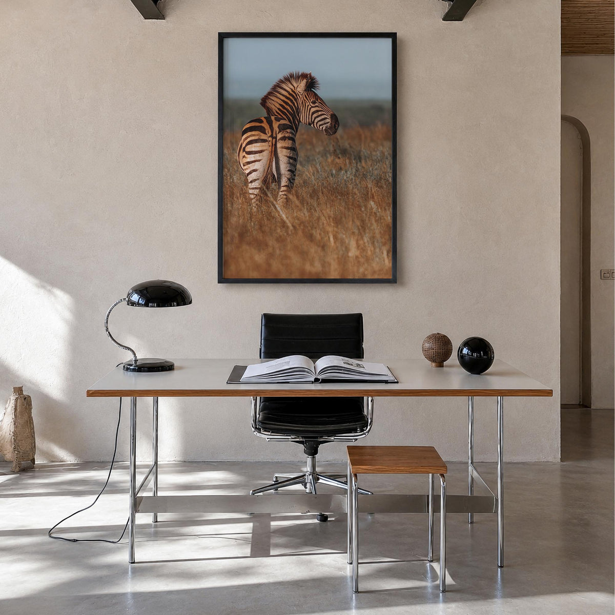 Zebra no. 2 colorful photo poster – vertical wall art in black wood frame, hanging on wall